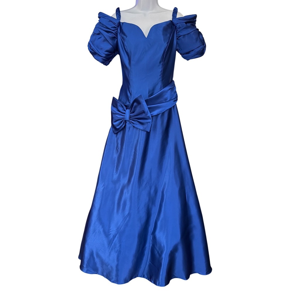 80s Jordan Gown Royal Blue Satin Prom Formal Gala Bow Sweetheart Puff Sleeve